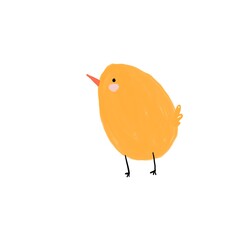 A yellow chick with an orange beak and black legs, standing and looking up to the left. Minimalist hand-drawn illustration for Easter designs.