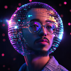 Person with head inside of an shiny iridescent disco ball. Face of a man wearing eyeglasses. Minimal creative concept of  having fun, discoteqe and dancing. Night life, dark colors. AI generated 