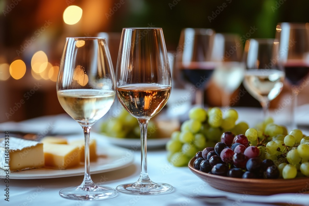 Poster elegant dining setup with cheese platter and various wine glasses during an evening gathering. gener