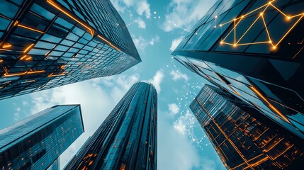Modern skyscrapers with network connections, representing the impact of AI on real estate business models in city building