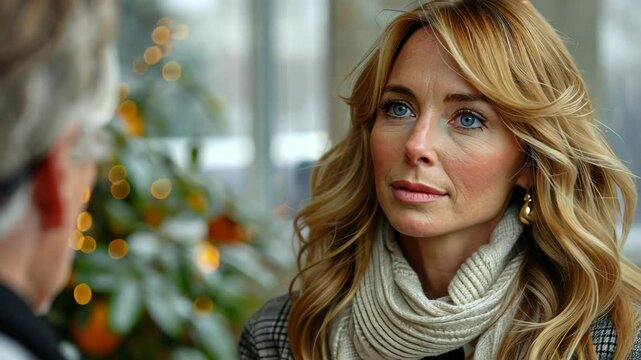 A thoughtful female psychiatrist with curly blonde hair and a compassionate gaze listens intently, situated in a bright, welcoming therapy room adorned with winter decor.