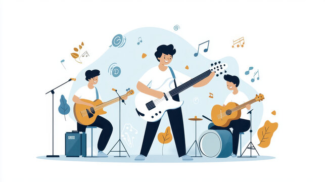 A vibrant illustration of a band performing with a guitarist, drummer, and another guitarist, surrounded by musical notes and instruments.