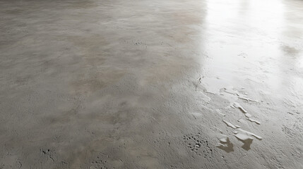 A wet concrete texture, darkened by moisture, with small puddles reflecting light, creating a dynamic interplay between rough and smooth areas.