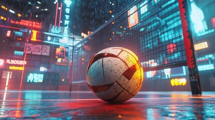 Wet volleyball on futuristic city court at night.