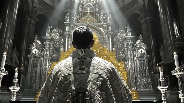 A priest in ornate vestments stands before the altar in a cathedral, backlit by radiant beams of light that highlight the intricate details of his garment.