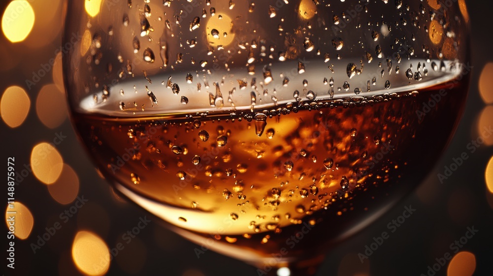Poster sparkling wine glass filled with bubbly drink and droplets illuminated by warm light. generative ai