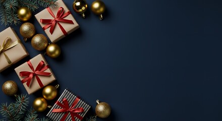 The Christmas background is dark blue and it features gift boxes and gold baubles. It is presented in a flat lay style with a top view and empty space for adding text or other elements.