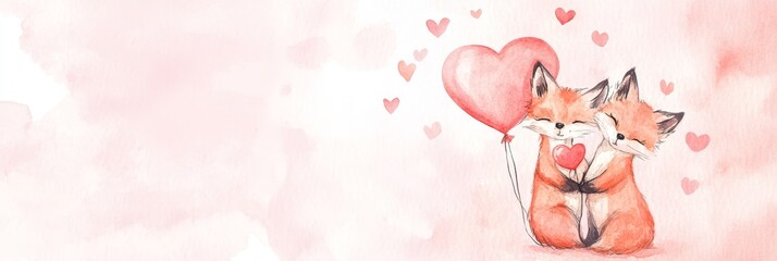 Watercolor Foxes with Heart Balloons - Two adorable foxes embrace, holding light pink heart balloons. Symbolizing love, friendship, affection, tenderness, and Valentine's Day.