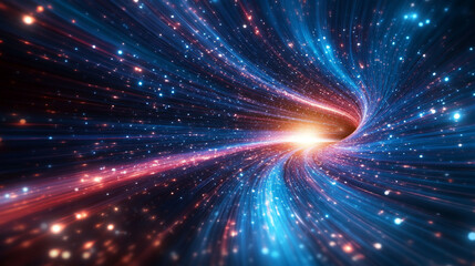 A mesmerizing 3D illustration of abstract flight through a retro neon hyper-warp space tunnel, evoking the chaos of blurred motion, infinite possibilities, and dynamic contrasts in a surreal, futurist