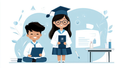 Obraz premium A cheerful illustration of a boy and girl in graduation attire, celebrating academic achievements with books and stationery around them.