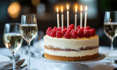 A celebratory cake adorned with raspberries and candles, set with wine glasses.