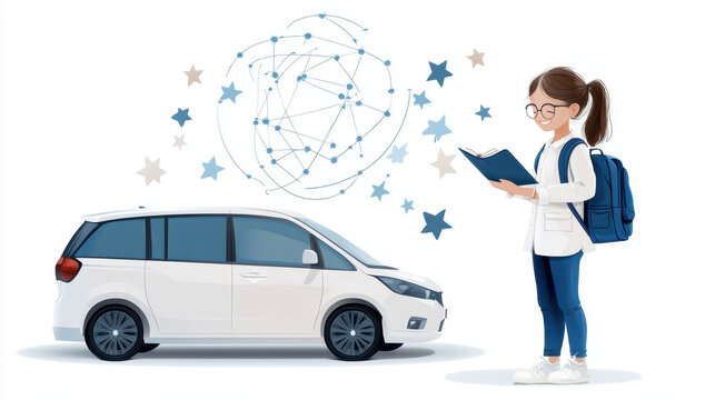 A girl with glasses stands beside a white car, reading a book, with a starry network graphic above her, symbolizing knowledge and exploration.