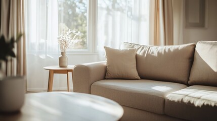 Modern minimalist living space with refined, stylish design. Featuring clean lines and soft colors