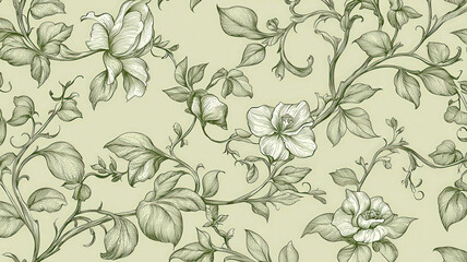 A seamless pattern featuring hand-drawn botanical elements like leaves, flowers, and vines on a pale green background. The design is elegant and organic, perfect for nature-themed projects and decor.