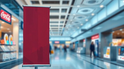Eerie, creepy atmosphere depicting a roll-up banner stand in a shopping mall with a blurred background, warm terracotta and cool teal color contrast, dark tones, unsettling details.
