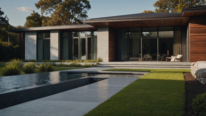 Modern Residence with Reflecting Pool and Landscaping