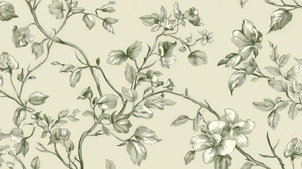 A seamless pattern featuring hand-drawn botanical elements like leaves, flowers, and vines on a pale green background. The design is elegant and organic, perfect for nature-themed projects and decor.