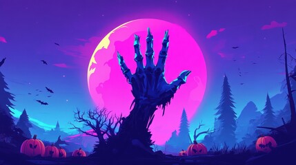 Neon Halloween Night: A Zombie Hand Rises Under a Pink Moon