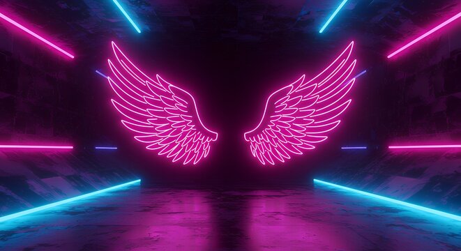 Naklejki vibrant neon angel wings on uv geometric background - cyberspace futuristic concept in pink and blue lights.