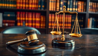 A wooden gavel and a set of scales of justice on a wooden table, with a blurred bookshelf in the background.