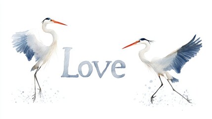Obraz premium Watercolor Herons Love - Two graceful herons, wings outstretched, form the word 