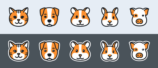 Pet icons set. Cute animal faces of cat, dog, hamster, rabbit and mini pig. Vector illustration