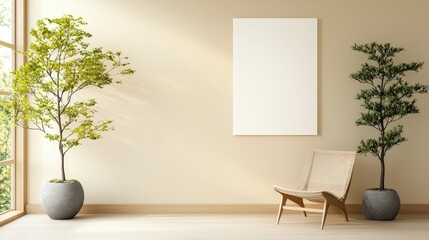 Minimalist interior with plants, chair, and blank canvas.