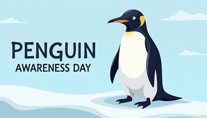 Obraz premium An eye-catching banner for Penguin Awareness Day featuring a penguin character in a snowy setting, highlighting the importance of wildlife education and conservation.