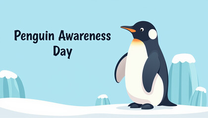 Obraz premium A colorful and playful banner for Penguin Awareness Day highlighting a charming penguin character, aimed at raising awareness about conservation efforts.