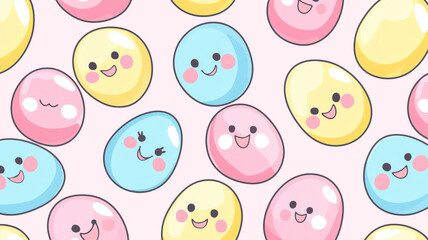 A seamless pattern of kawaii Easter eggs featuring happy faces in pastel tones of pink, blue, and yellow. The design is simple and playful, perfect for Easter-themed projects.