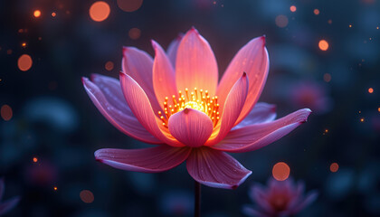 A dark, glowing fantasy flower characterized as an enchanting pink enthezi with illuminated petals and vibrant backdrop, celebrated for its magical scenery and serene elegance.