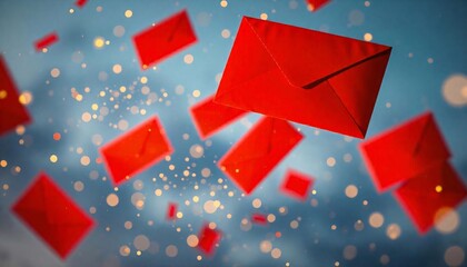 A group of red envelopes or letters floating in a starry, magical night sky with glowing particles and lights.