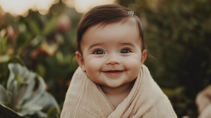 Fototapeta premium A close-up portrait of a smiling baby with bright eyes, wrapped in a soft pastel-colored blanket, with a blurred natural garden background that enhances the babyâs cheerful express