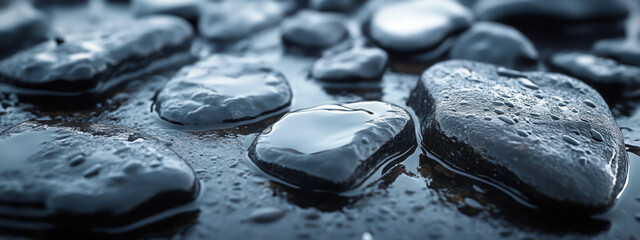 Smooth pebbles on a wet beach, natural texture with shiny surfaces
