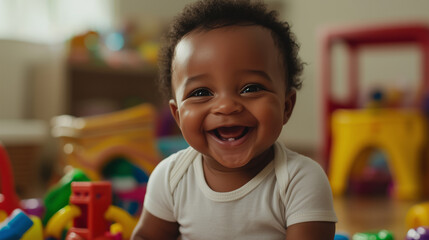 A baby smiling widely, wearing a simple onesie, surrounded by colorful toys, with a bright and vibrant playroom setting in the background for a lively composition.