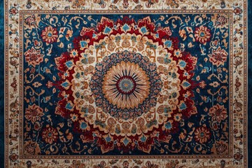 Fototapeta premium Close-up of a vibrant oriental carpet featuring an elaborate floral pattern and traditional design elements