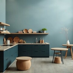 A cinematic, soft-focus image of a kitchen material mood board in neutral colors. Rich deep teal hues and a hazy background create a luxurious, vibrant atmosphere