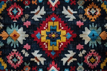 Close-up view showcasing intricate details of vibrant geometric patterns on a handwoven rug, representing rich cultural heritage