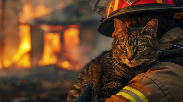 Rescue of a cat by firefighter during a house fire with flames and smoke in the background