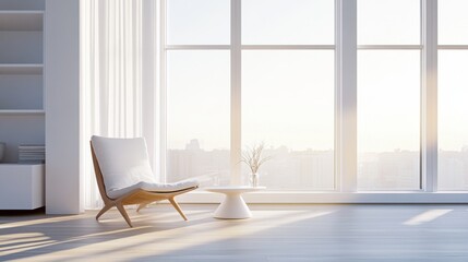 Modern minimalist living space with sleek, sparse decor. Featuring soft, neutral tones