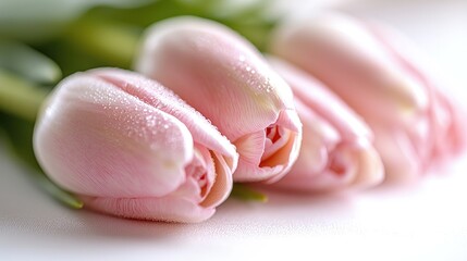 Close-up of three light pink tulips with water droplets.