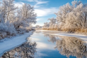 A quiet winter afternoon with a frozen river surrounded by frosted trees, reflecting the chilly, blue sky.