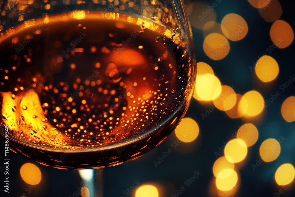 Poster sparkling drink in a glass surrounded by soft glowing lights at a festive gathering during the eveni