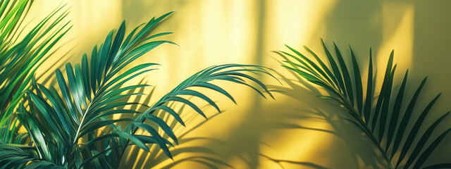 Tropical palm leaves casting shadows on a bright background, minimal style