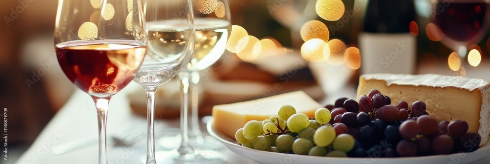 Poster Elegant table setting with wine glasses and cheese platter ideal for a gathering. Generative AI