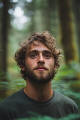 Fototapeta premium Portrait of a confident young man with curly hair and beard posing in a lush green forest