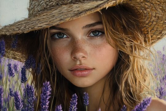 Oil painting of beautiful young woman farmer wearing straw hat posing in lavender field at sunset