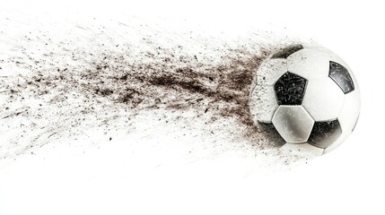 Soccer ball in motion, leaving a trail of dirt.