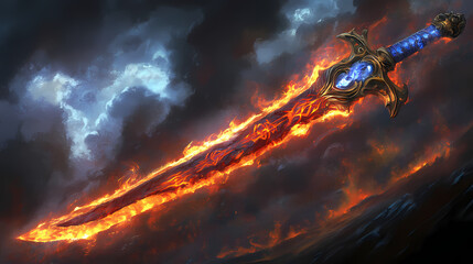 A majestic sword for tyrfing fire force with an obsidian blade glowing crimson runes gold hilt shaped like flames and a blue crystal pommel. runes. illustration. Obsidian. Illustration