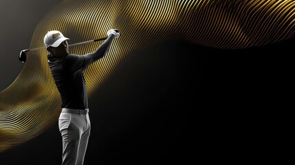Golfer in action, dynamic pose, gold abstract background.